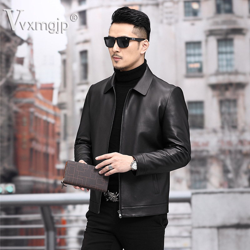 Haining Genuine Leather Men's Slim-Fit down Jacket with a Turn-Down Collar, Sheepskin Men's Leather Jacket for Autumn and Winter Business Gentlemen