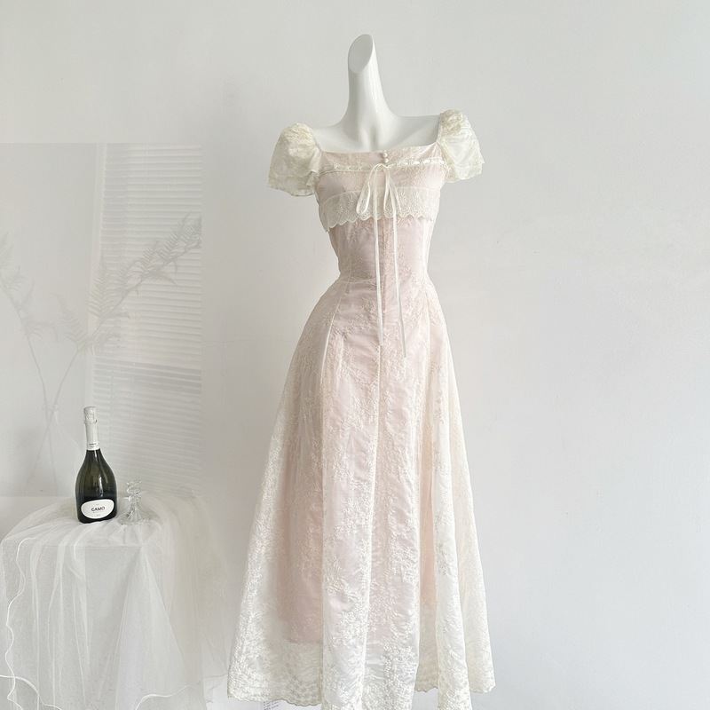 『Xinxing』Liangzi Misty Pink Tea Party Summer Girl's Style Lace Patchwork Embroidered Long Dress A-line Waist-Cinching Dress 『Xinxing』Liangzi Misty Pink Tea Party Summer Girl's Style Lace Patchwork Embroidered Long Dress A-line Waist-Cinching Dress