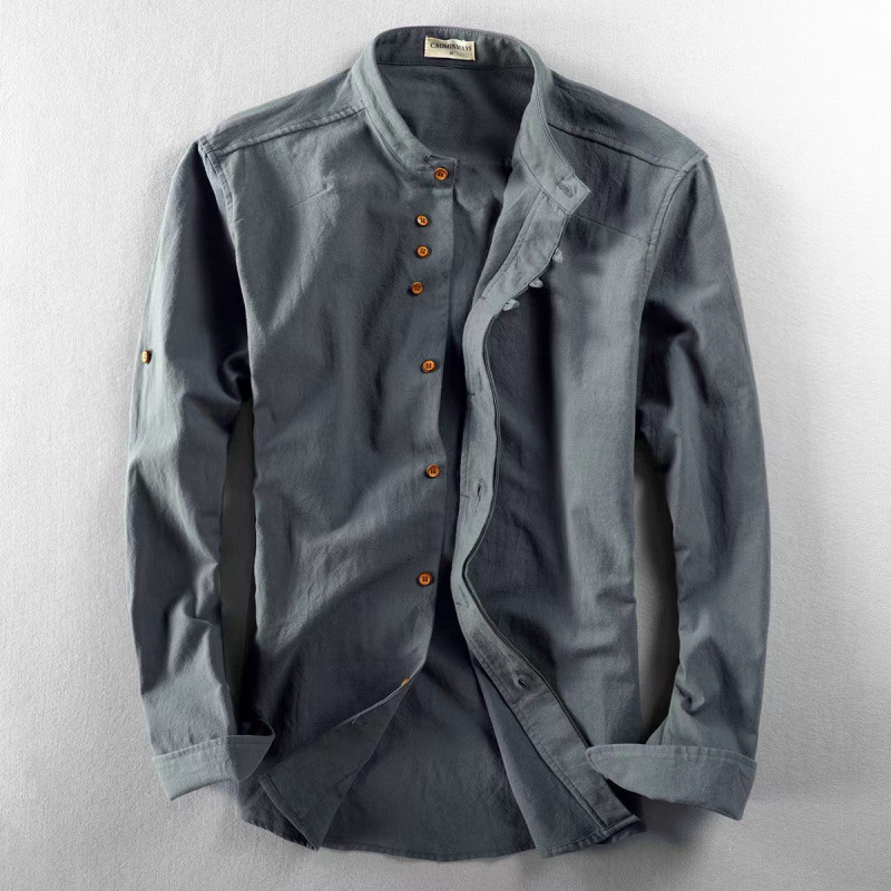 2025 Large Stock of Ready-To-Ship Cross-Border European and American Men's Clothing New Linen Cotton Men's Shirts with Stand Collar and Hidden Placket Casual Shirts 2025 Large Stock of Ready-To-Ship Cross-Border European and American Men's Clothing New Linen Cotton Men's Shirts with Stand Collar and Hidden Placket Casual Shirts