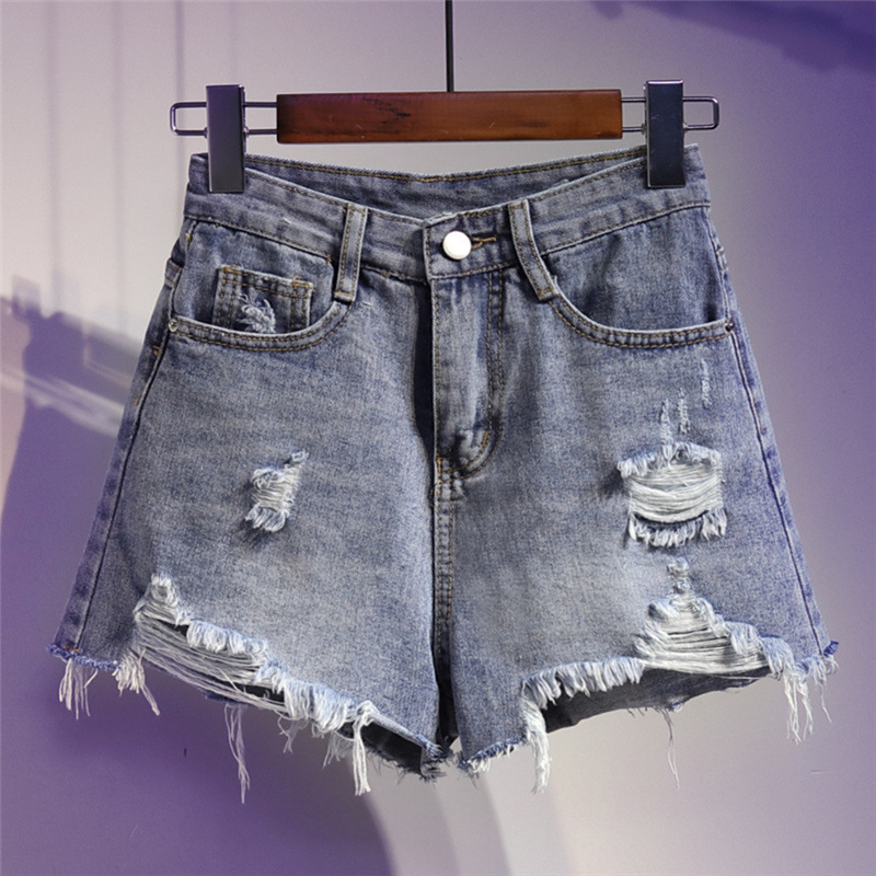 Ripped Denim Shorts Women's Summer Thin Large Size Fat mm High Waist Slim Sexy Trendyy Casual Outer Wear Hot Pants