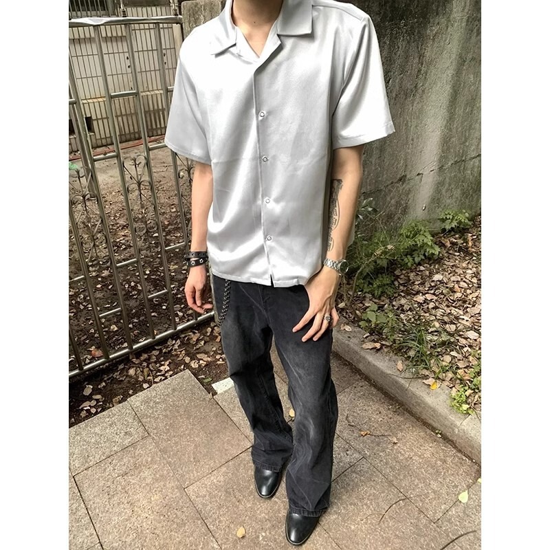 Silver Gray Ice Silk Shirt Short-Sleeved Men's 2025 Summer Cleanfit Draped High-End Texture Cuban Collar Shirt