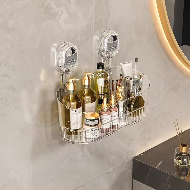Suction cup wall-mounted kitchen organizer box, no-installation cosmetics skincare makeup case, beauty organizing storage shelf