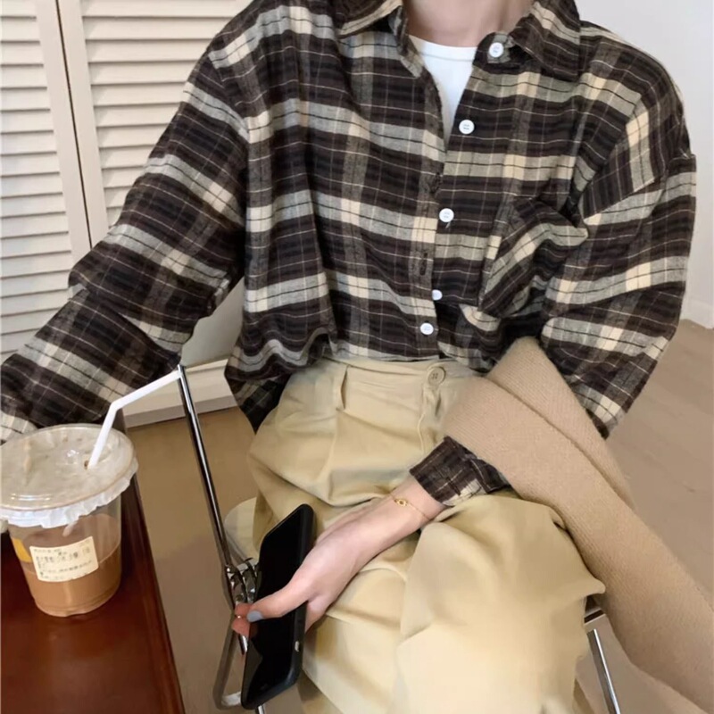 美式复古蓝色格子衬衫外套女2025秋季新款别致宽松休闲防晒衬衣潮|undefined