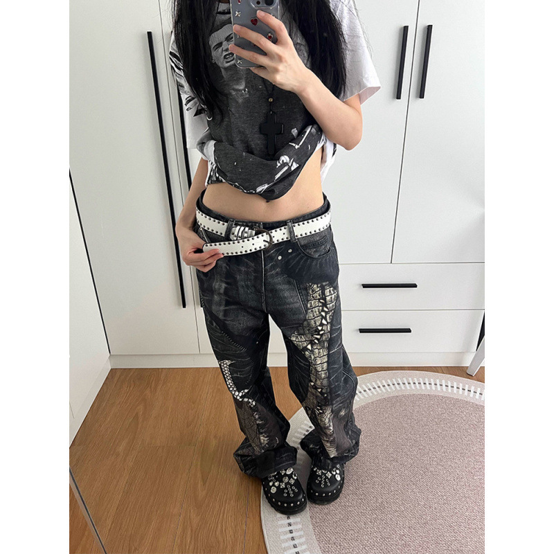 美式高街微喇直筒牛仔裤女秋冬新款设计感辣妹蟒皮印花拖地裤|undefined