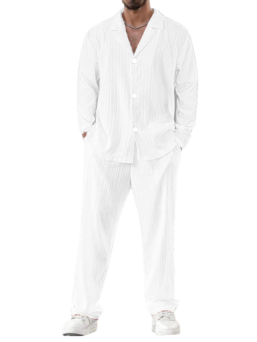 Nuevo transfronterizo de verano para hombres nuevo color sólido de mangas cortas camisa de mangas largas pantalones largos sueltos traje casual