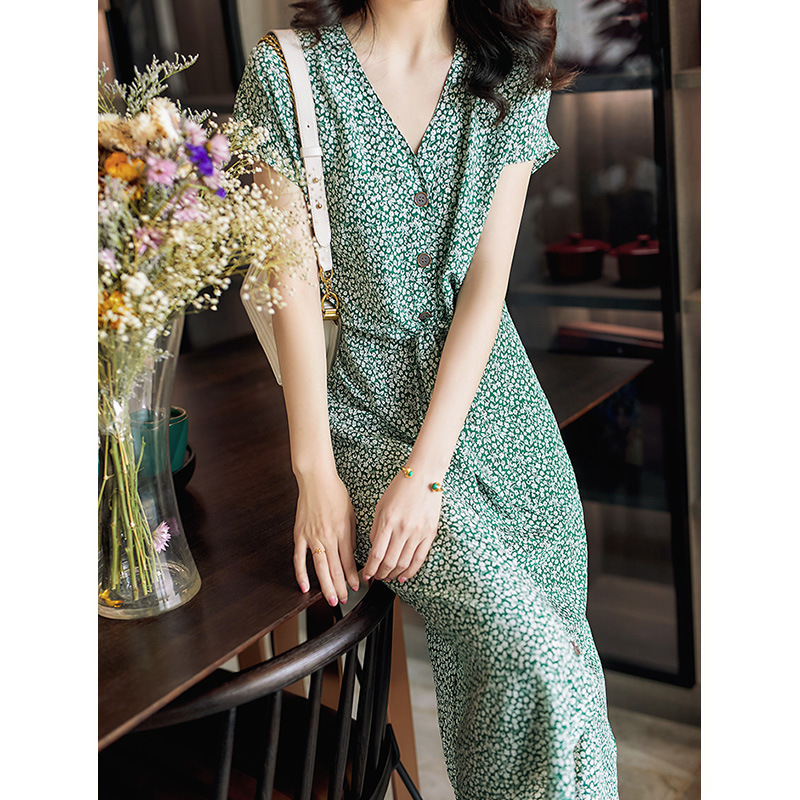 Silk Small Floral Slimming Pencil Skirt Tea Break French High-end Waisted Silk dress Women's Summer