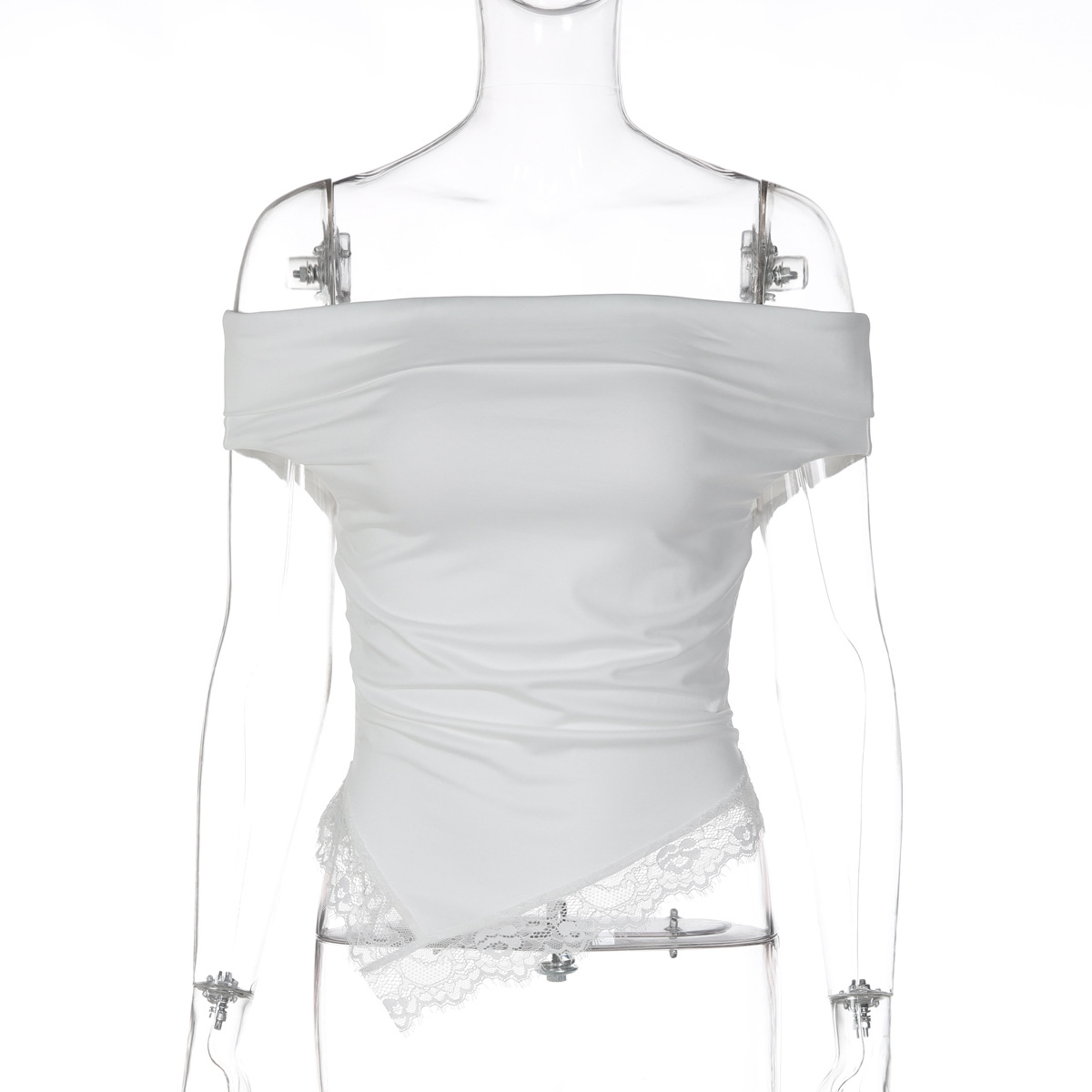 Women's 2026 Summer New Sexy Spice Girl Shoulder Lace Solid Color T-Shirt Top_ecoleips.com