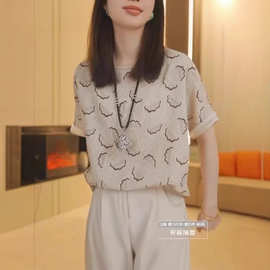 妈妈圆领印花短袖T恤衫女夏季2025新款时尚宽松显瘦套头女士上衣
