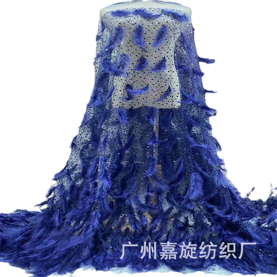Plumas de avestruz de alta calidad con bordado de cuentas, tela de encaje transparente, vestido de novia brillante, accesorios de escenario