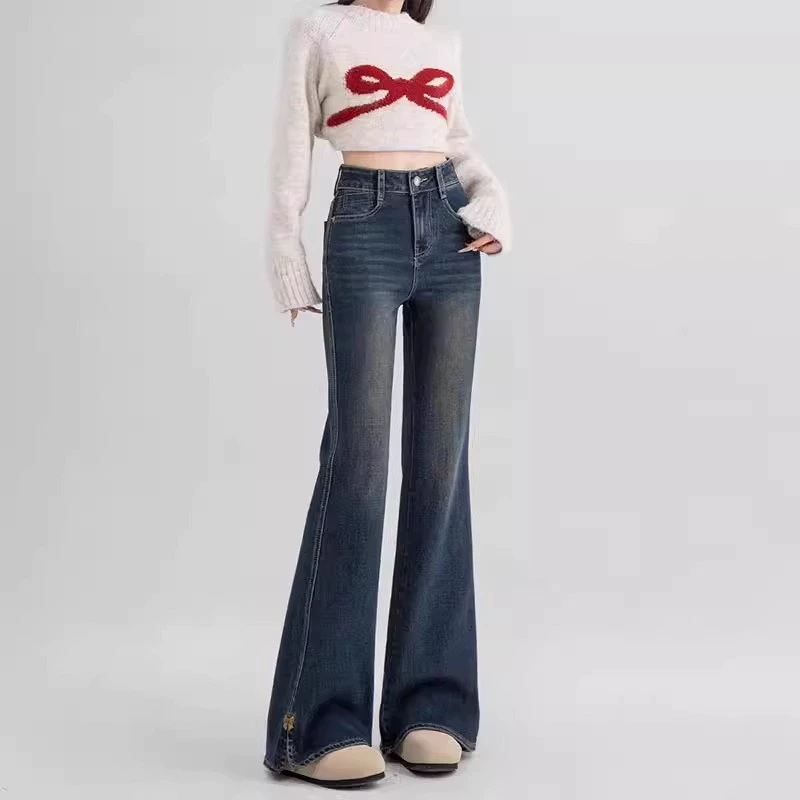 2025 новые кроссовки микролы джинсы женские большие размеры весной американские тощие ретро подковы расклешенные брюки с высокой талией