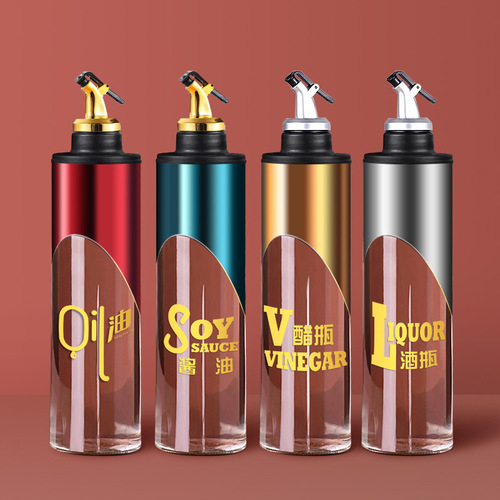 Household kitchen seasoning bottles, spice jars, stainless steel oil pot with silicone sleeve, soy sauce and vinegar bottle, press-type glass oil bottle manufacturer