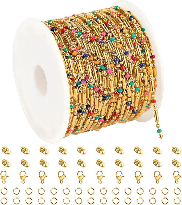 Umaokang 4m Gold Plated Chains for Jewelry Making Stainless Steel Bead Ball Chain Coil with Jump Rings and Lobster Clasps