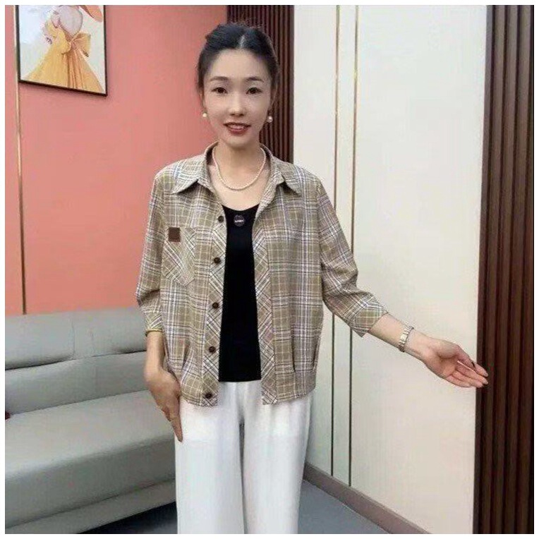 Dropshipping Fashion Plaid Three-Quarter Sleeve Shirt for Women, Summer K Fashion Mom Style, Age-Reducing, Slimming, Sun-Protective Top Dropshipping Fashion Plaid Three-Quarter Sleeve Shirt for Women, Summer K Fashion Mom Style, Age-Reducing, Slimming, Sun-Protective Top