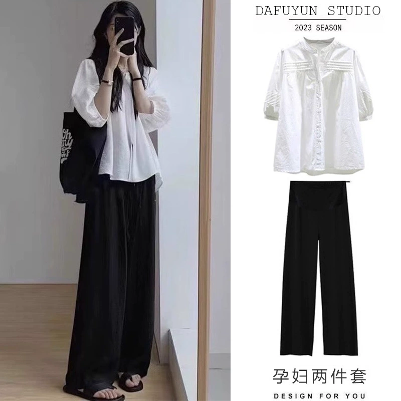 Изображение обработано Одежда для беременных Летний костюм 2024 новый блузка топ повседневные брюки Летний набор из двух частей