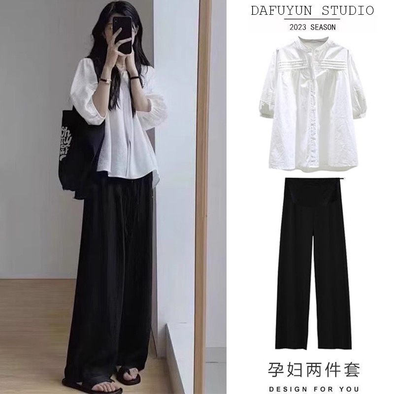 Photo processed maternity summer suit 2024 new shirt jacket casual pants summer two-piece set