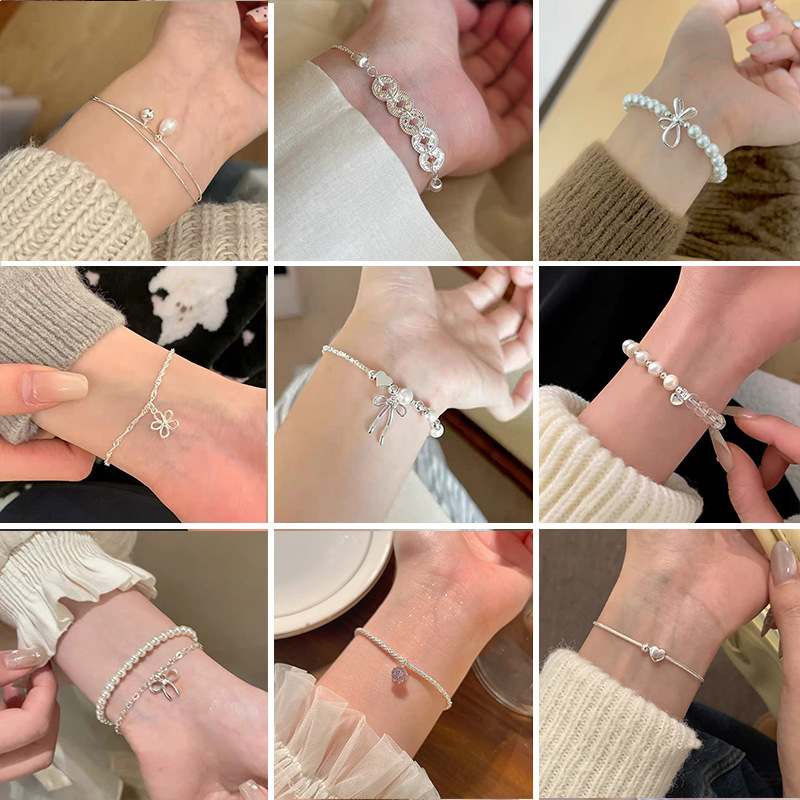 Fresh and Simple Tassel Bowknot Bracelet for Women, S999 Pure Silver Micro-Inlaid, Japanese and Korean Niche Design, Sweet and Elegant Style Jewelry