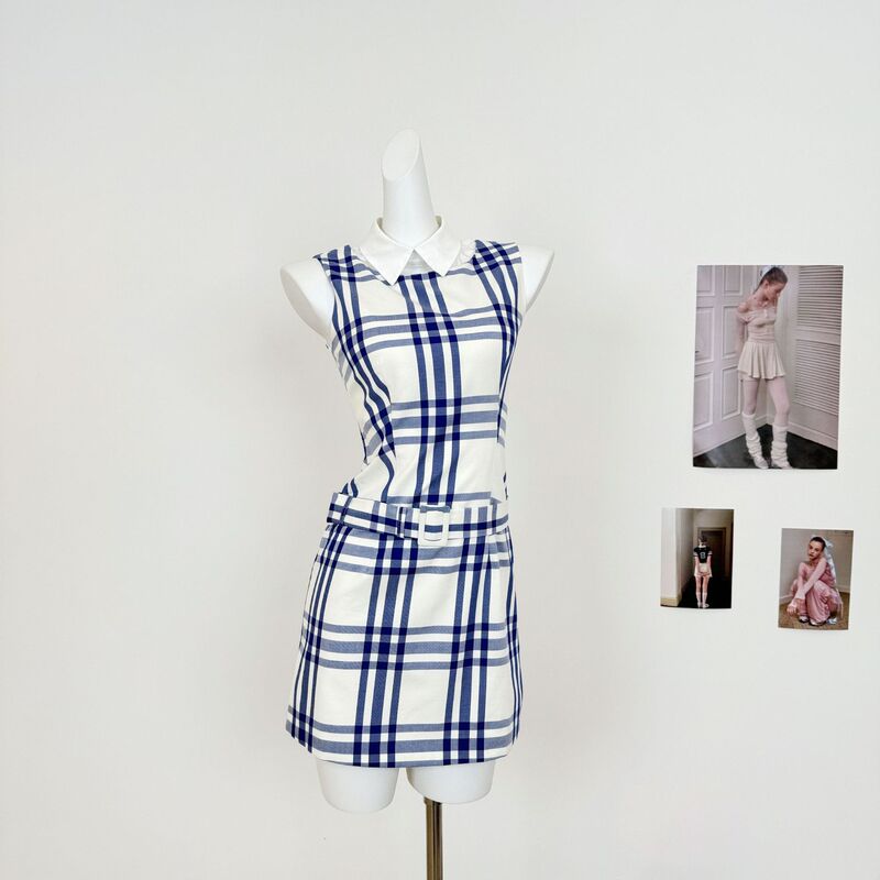 Rumpumpumpmm Blue Plaid Pure Cotton College-Style Dress with Faux Two-Piece Design and Belt Decoration Rumpumpumpmm Blue Plaid Pure Cotton College-Style Dress with Faux Two-Piece Design and Belt Decoration