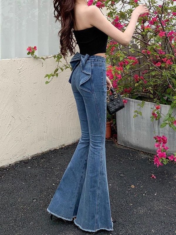 美式复古立体蝴蝶结微喇牛仔裤女夏薄2025新款高腰显瘦翘臀喇叭裤|undefined