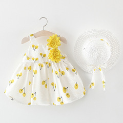 Q395 Summer New Girls' Camisole Dress Solid Color Print with Large Butterfly Knot on Chest, Princess Dress with Hat, Drop Shipping