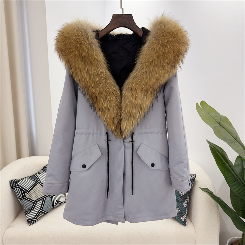 Damenbekleidung Abnehmbarer Parka aus Fuchspelz Mittellanger Kapuzenmantel_voghion.com