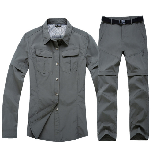Outdoor women's quick-drying shirt long-sleeved detachable short-sleeved two-piece solid color quick-drying quick-drying pants set