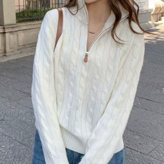 复古麻花半拉链毛衣女装2026秋冬新款翻领显瘦减龄毛衣针织衫上衣