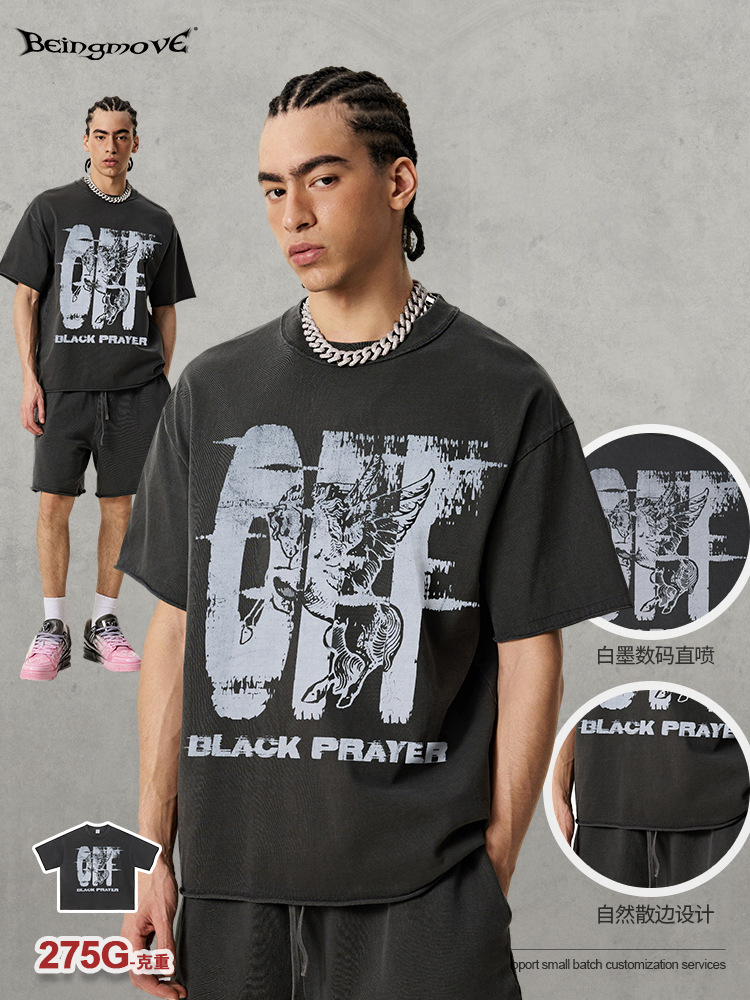 Calle secada| Marca de moda de la calle europea y americana, viento oscuro, camiseta impresa Pegasus Retro para hombres de manga corta lavados con agua