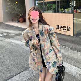 涂鸦印花小西装外套女春秋新款韩系设计感休闲时尚炸街宽松小西服