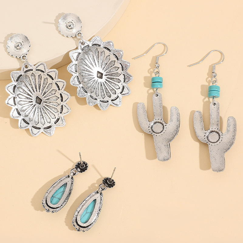 1 Set IG Style Retro Cactus Water Droplets Flower Plating Inlay Alloy Turquoise Drop Earrings display picture 4