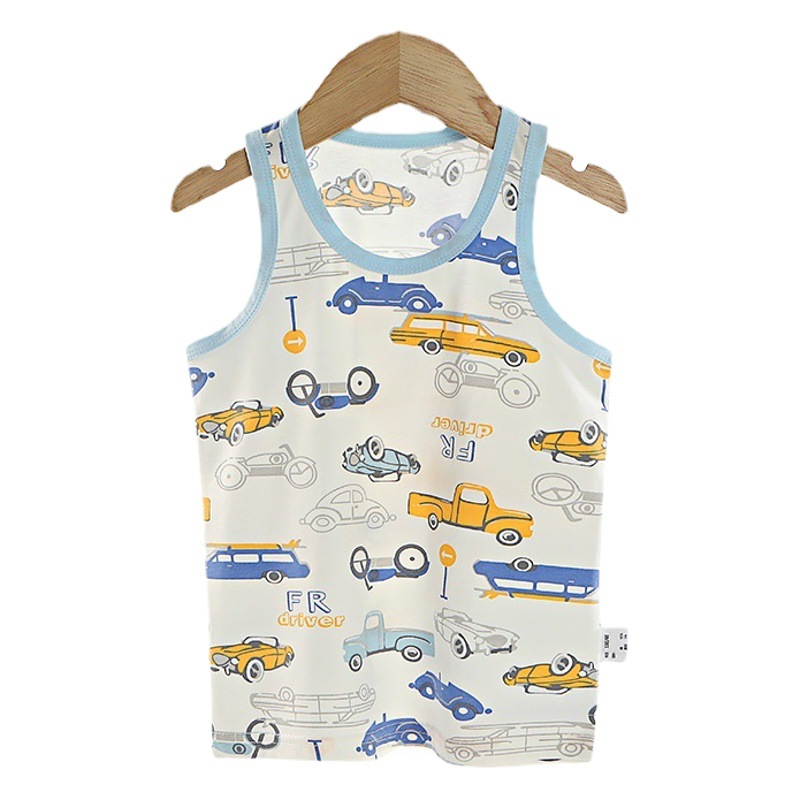 Autumn Children's Pure Cotton Vest for Boys and Girls, Cartoon Pattern Base Layer Vest, Lycra Cotton High-Elastic Four-Season Inner Wear Vest
