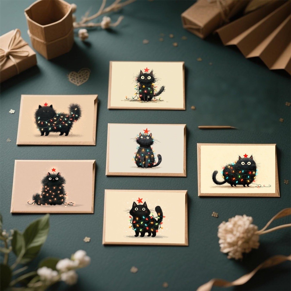 跨境毛绒可爱黑猫贺卡圣诞贺卡生日贺卡礼品卡外贸可折叠贺卡