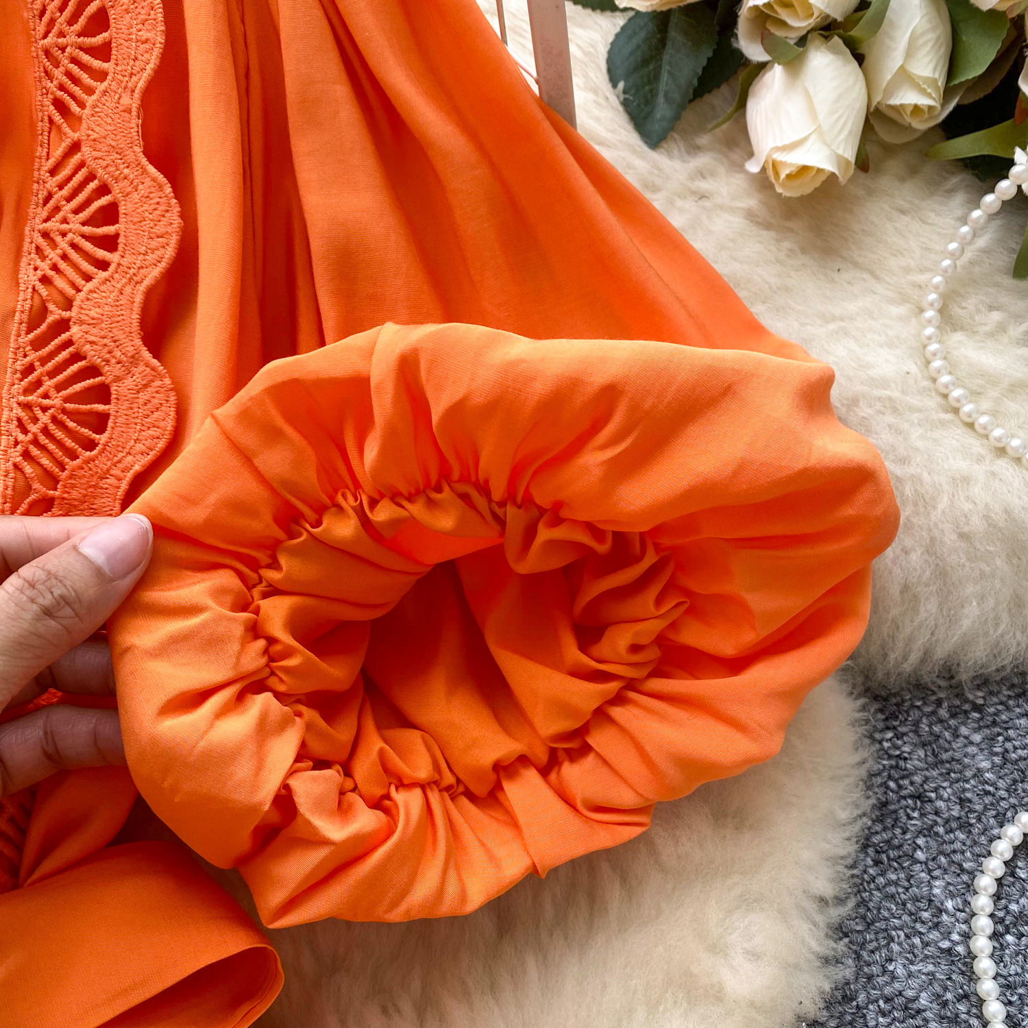 Women's Clothing Retro Palace Fashionable Lace Splicing Tie Waist Dress Lantern Sleeve Slim Temperament A Line Skirt_ecoleips.com