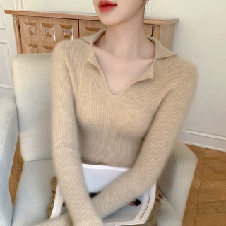 设计感小翻领修身山羊绒针织衫女气质优雅软糯紧身显瘦打底衫毛衣