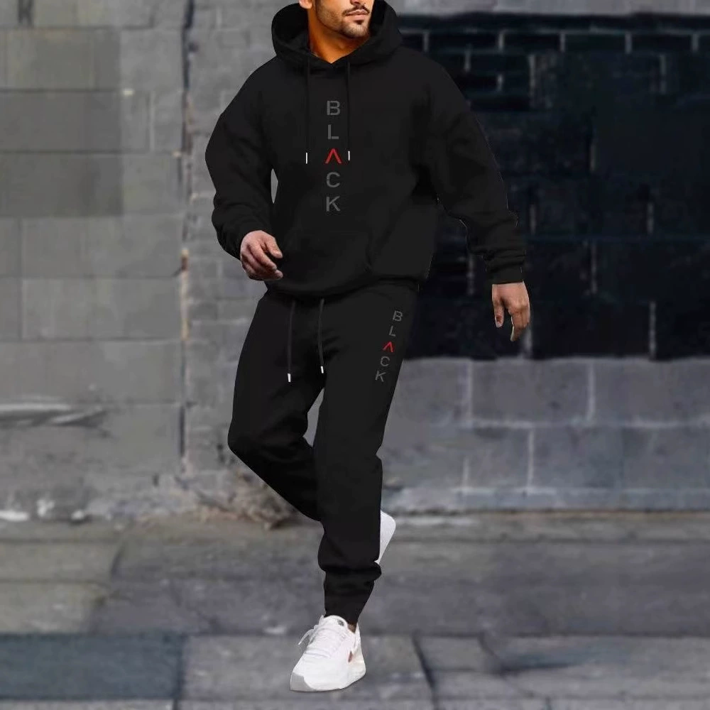 [Оптовая цена от производителя] Модный черный костюм с буквенным принтом для мужчин, флисовый спортивный костюм, весна 2025