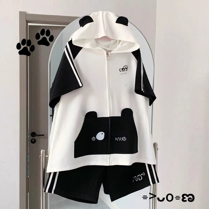 Y2K Japanese Style Cute Hooded Cat Ears Cute Soft Girl Secondary Sports Short-sleeved T-shirt Women's Loose Casual Top