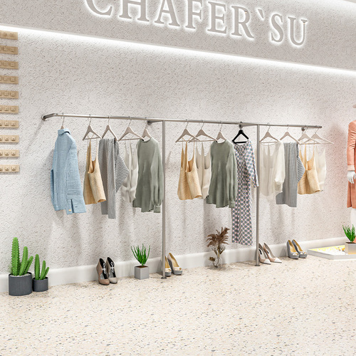 Display Rack for Clothing Store, Wall-Hanging Iron Rod with Stainless Steel Brushed Silver Finish, Popular Women's Fashion and Children's Apparel, Floor-Standing Showcase Shelf