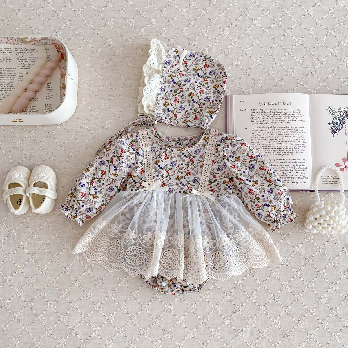 INS bebé niña Primavera y otoño de manga larga funda bebé de moda floral encaje malla mameluco recién nacido mameluco