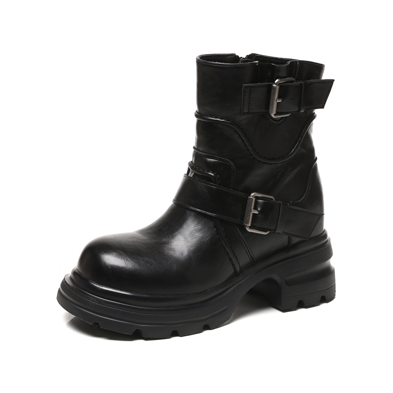 Giày boot Martin nữ đế dày tăng chiều cao khóa cài nhỏ kiểu Anh — màu đen