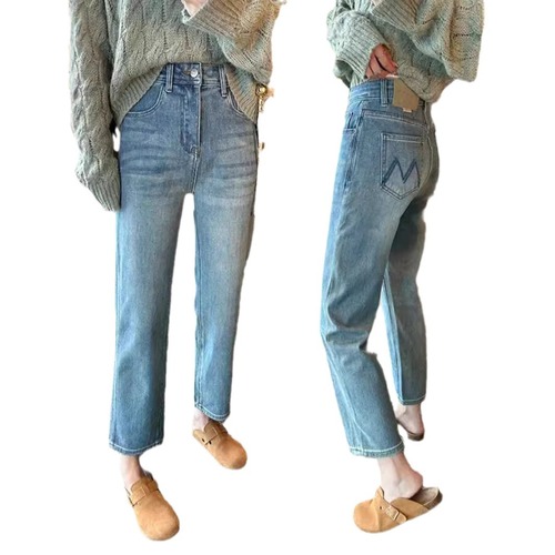 The Same Style Summer High-Waisted Straight Leg Denim for Women in Plus Size is Slim-Fitting and Versatile, with a 9-Inch Length.