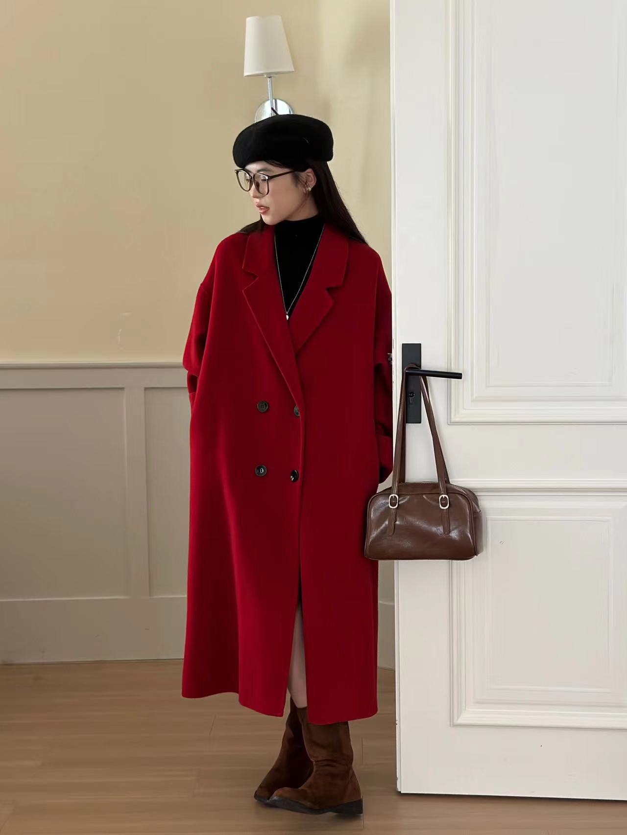 [Battle robe] Golden New Year red coat woolen coat women's winter double-sided wool coat versatile Long