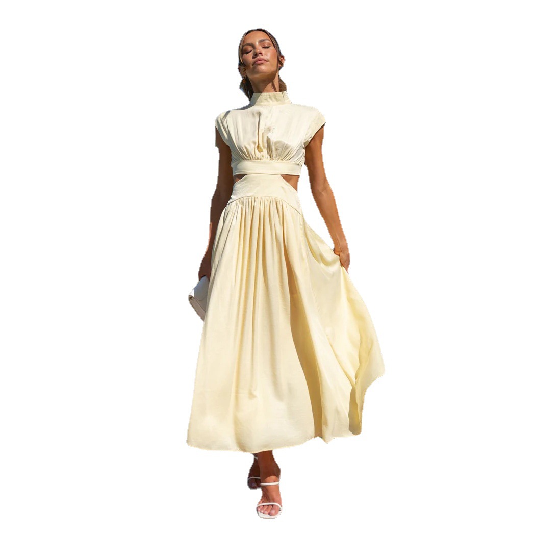 23 years of European and American foreign trade sweet fashion street summer new stand collar solid color exposed waist long dress 23003