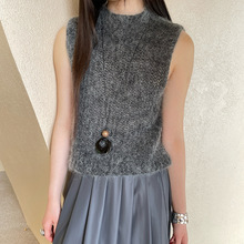 FONE简禾半高领无袖马海毛背心女秋季时髦复古花灰针织坎肩81010