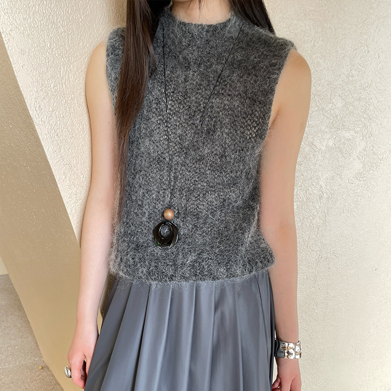 FONE简禾半高领无袖马海毛背心女秋季时髦复古花灰针织坎肩81010