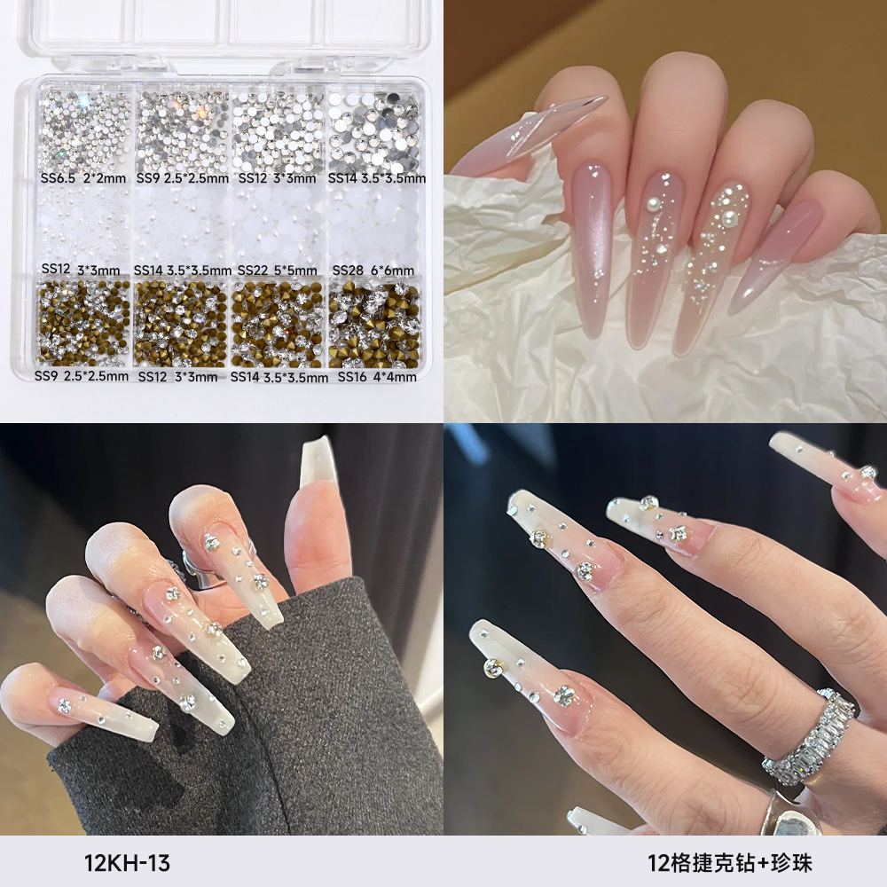 12 piezas de joyería de diamantes de manicura plana de fondo plano intermitente checo de diamantes de formas especiales joyería de mariposa de lentejuelas de uñas de perlas de todo fósforo