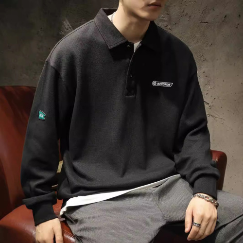 American-style high street polo shirt men's cotton and fleece long-sleeved winter and autumn white collar top coat