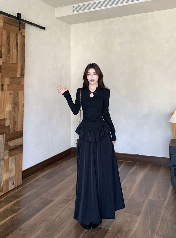 大码胖妹妹新中式立领盘扣长袖连衣裙女极简盘扣黑色长款蓬蓬裙女|undefined