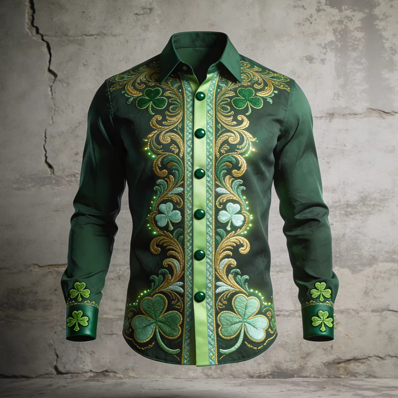 2026 Cross-Border Amazon Spring Long Sleeve Shirt 3D Digital Print St. Patrick's Green Shamrock Shirt