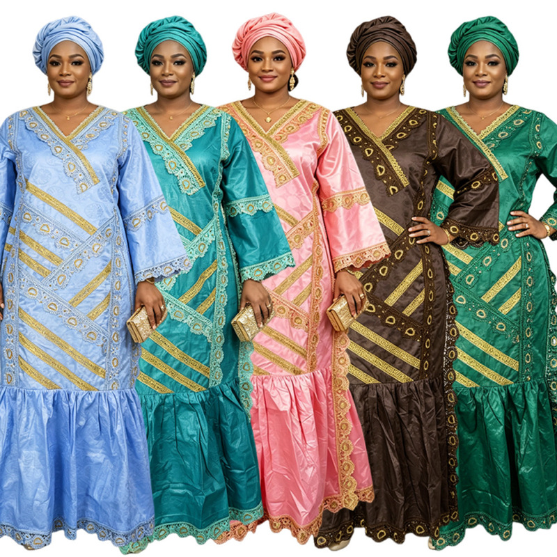Cross-border African Plus Size Women's Long Dress Nigerian Jacquard Fabric Plus Size Robe Headscarf