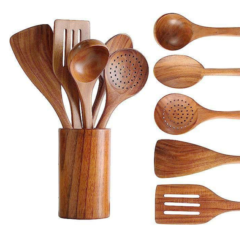 Set de madera de teca horquilla de madera sólida horquilla antiadherente horquilla de madera de acacia cocina utensilios de cocina de mango largo horquilla de verduras pala de cocina conjunto de varias piezas