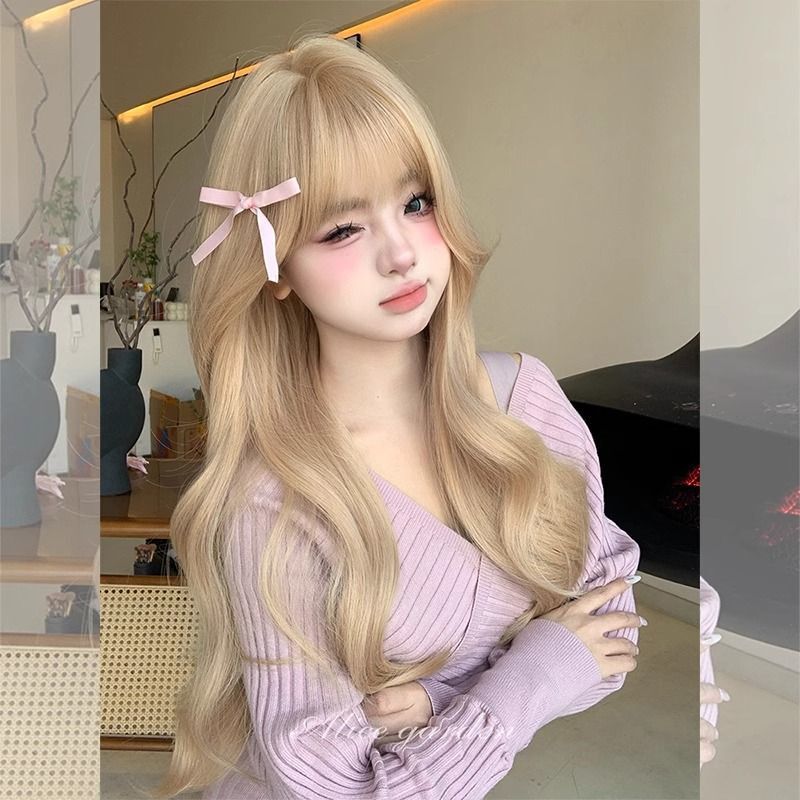 Wig for Women with Full Headband, Long Curly Hair, Milk Tea, White Golden Bangs, Slightly Curly Hair, Gentle Elegant, Daily Long Curly Hair, Full Headband